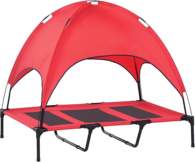 PawHut Elevated Dog Bed with Removable Canopy, Outdoor Dog Cot with UV Protection Canopy Shade, 48 inch Large Pet Bed for Camping, Red | Large Pet Bed, Outdoor Dog Cot, UV Protection Shade, Camping