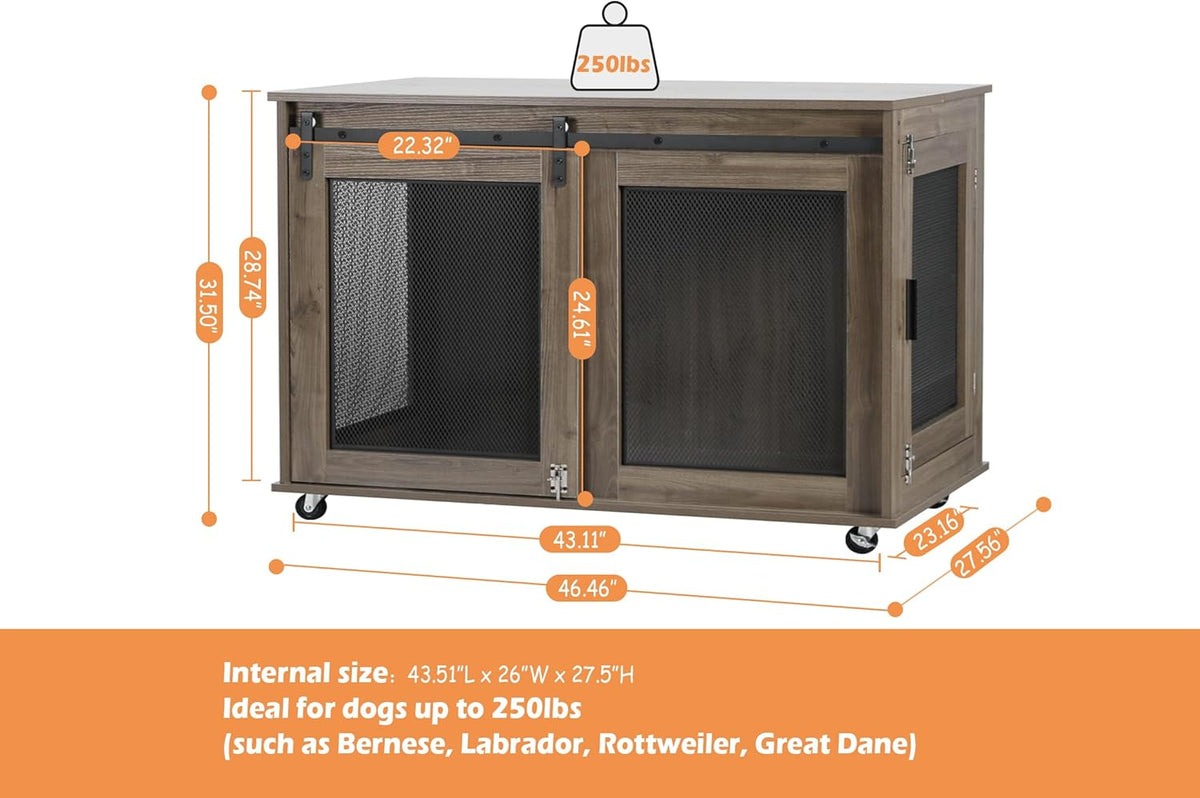 LINLUX 47 Inch XL Dog Crate Furniture, Wooden Heavy Duty Dog Kennel Indoor, Decorative Dog Cage Table for Extra Large Dogs, with Sliding Doors, Wheels and Flip-top Plate