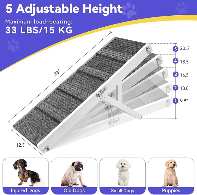 2026 Upgraded Dog Ramp for Couch, Foldable Small Dog Ramp for Sofa, 5 Adjustable Height from 9.8" to 20.5", Portable Stable Pet Step with Non-Slip Pad, Pet Ramps Use for Couch Stairs, White