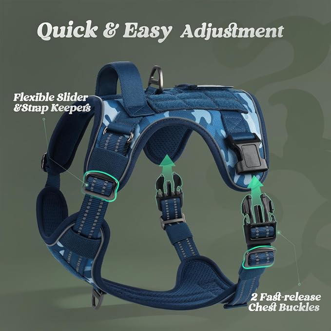 rabbitgoo Tactical Dog Harness for Small Dogs, No Pull Service Pet Vest | Military Molle System & Easy Control Handle, Adjustable and Reflective for Walking and Training, Blue Camo, Small