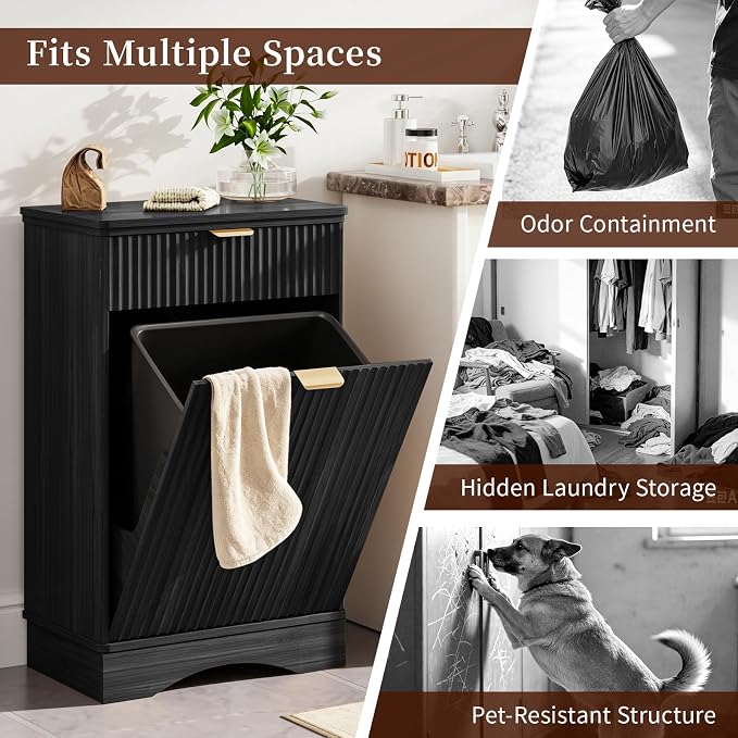 Dog Feeding Station,Dog Food Storage Cabinet,Pet Feeding Station with 2 Elevated Bowls,Hidden Pet Feeder Station with Hooks (Tilt-Out Dog Feeding Station-Black)