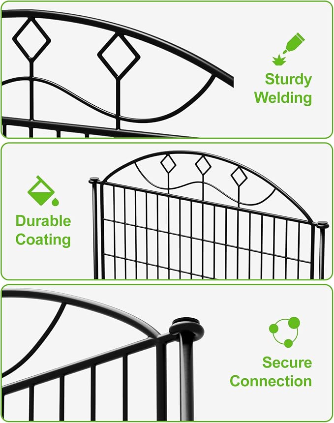 10 Panels Black Metal No Dig Garden Fence, 33in H x 24ft L Temporary Animal Barrier for Dogs & Rabbits, Reusable Outdoor Yard Fencing with Lock