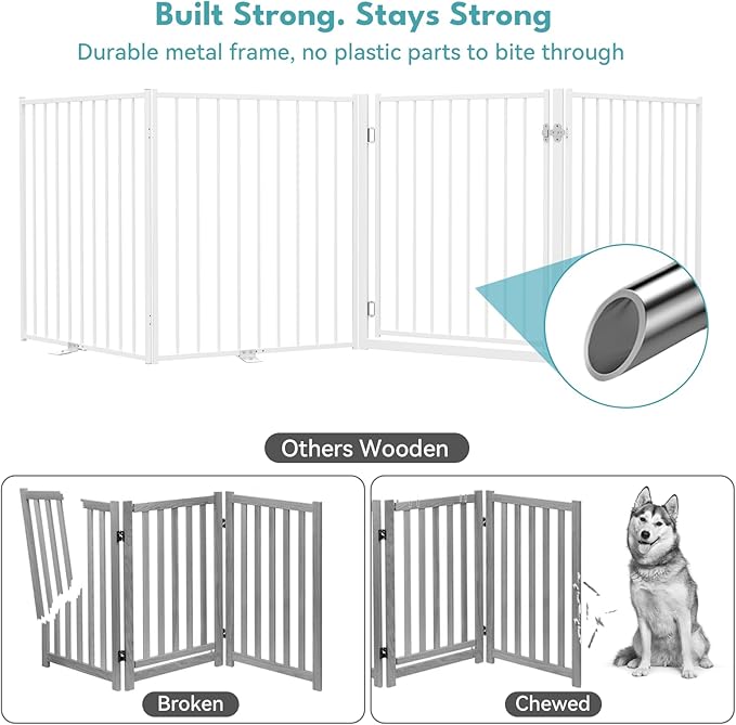 No Pawblems Free Standing Dog Gate with Door, 36'' Tall Foldable Dog Fence for Indoor & Outdoor, Up to 156 Inch Extra Wide Christmas Tree Fence, Hallways, Doorways, Deck, Yard (White, 6 Panels)