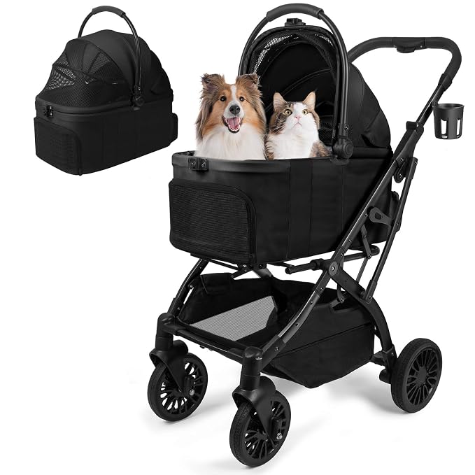 Small Dog Stroller, Pet Stroller for Small Dogs, 5-in-1 Dog Strollers - Fold All in One Without Detaching Carrier, Pet Strollers with Removable Waterproof Carrier for Dogs Cats 10 lbs 20 lbs, Black