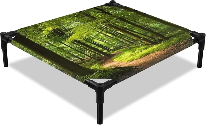 Outdoor Elevated Dog Bed for Small Dogs, Green Forest Breathable Cooling Raised Dog Cot for Indoor/Outdoor, Retro Rustic Natural Scenery Trees Waterproof Elevated Pet Beds, S 20 x 20 in