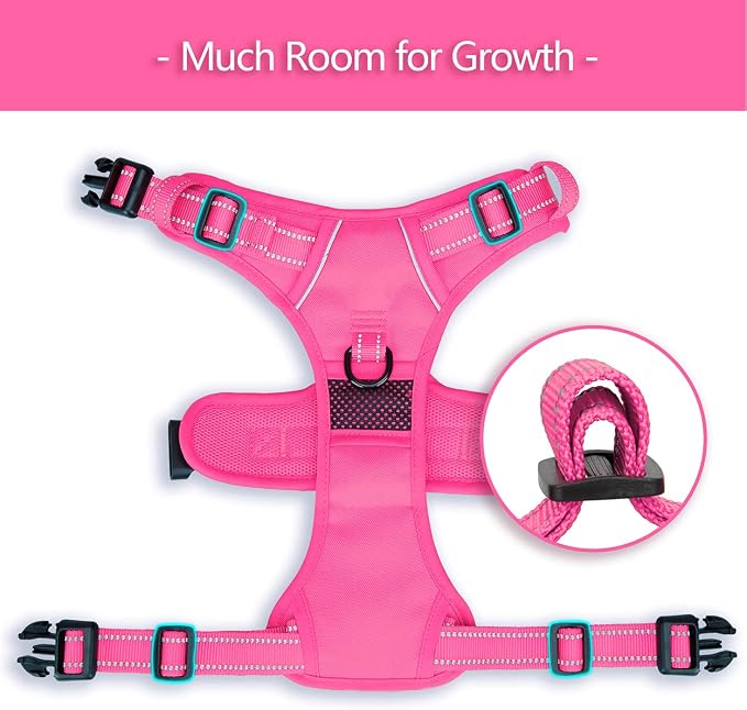 PoyPet No Pull Dog Harness, Reflective Vest with 2 Leash Clips & Handle | Lockable Neck Release Buckle, No Choke, Adjustable, Soft Padded, for Walking Training, Pink Matching Trim, Small