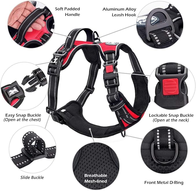 PoyPet No Pull Dog Harness Large with Front Clip & Neck Release Buckle | No Choke, Adjustable Vest, Reflective, Back Clip, Lockable, Soft Padded, Easy Control Handle for Walking Training, L, Red