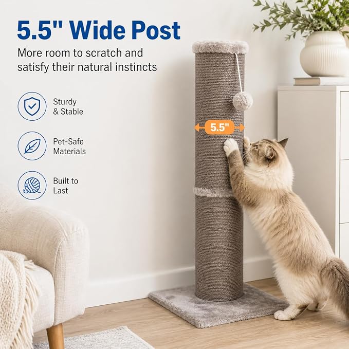 Sisal Cat Scratching Post for Indoor Cats & Kittens, 5.5" Diameter Heavy Duty Vertical Scratcher, 32 Inch Extra Tall Furniture Protector with Stable Base, Grey