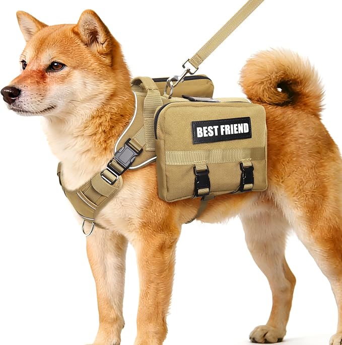 Dog Backpack Harness and Leash Set for Medium Sized Dog Brown M | Removable Side Pockets Dog Vest with Padded Handle&MOLLE,No Pull Front&Back Metal Clips for Hiking Training Walking Hunting