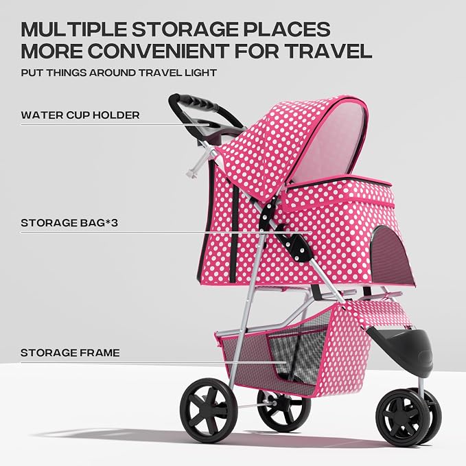 Pink Dog Stroller for Medium Dogs 30 lbs Pet Stroller for Small Dogs Cat Strollers for 2 Cats, 3 Wheels Foldable Jogger Puppy Stroller with Storage Basket and Cup Holder, Pink Polka Dots