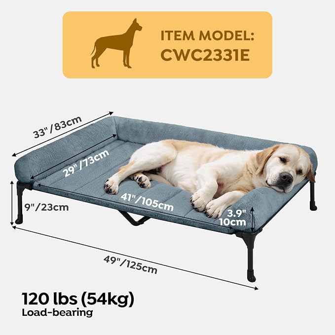Veehoo Elevated Dog Beds Large Sized Dog with Fluffy Plush Bolster Cushion | Orthopedic Raised Dog Beds for Indoor Outdoor, Soft Pet Sofa Cot with Removable Washable Mat, No-Slip Feet, 49" x 33", Blue