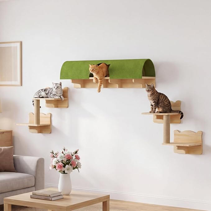 7-in-1 Cat Shelves for Wall, Cat Wall Furniture Set with Tunnel | Multi-Level Floating Cat Shelves for Space Saving, Solid Wood Cat Climbing System with Scratching Posts, Burlywood