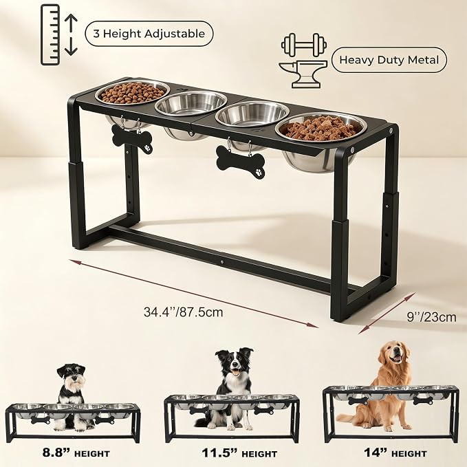 Metal Elevated Dog Bowls, Raised Dog Bowls for Medium/Large Sized Dogs with Four 58oz Stainless Steel Food Bowls, 3 Adjustable Height (8.8"/11.5"/14") Dog Bowl Stand Protect Neck & Joints