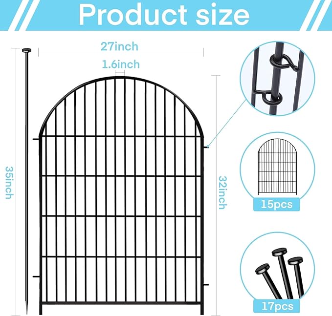 Okaygardn Tall Garden Fence with Gate, 32 in(H) x35 Ft(L) Garden Fencing Animal Barrier, 16 Panels Dog Digging Fences Barrier, Black Rustproof Flower Fence Border, Flower Bed Fencing for Outdoor Yard