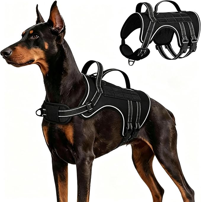 Tactical Dog Harness Adjustable Reflective No Pull Dog Harness, M | 2 Control Handles, Hook and Loop Panel for ID Patch, Pet ID Tag, Breathable Mesh Padding, Heavy Duty Dog Harness, Training