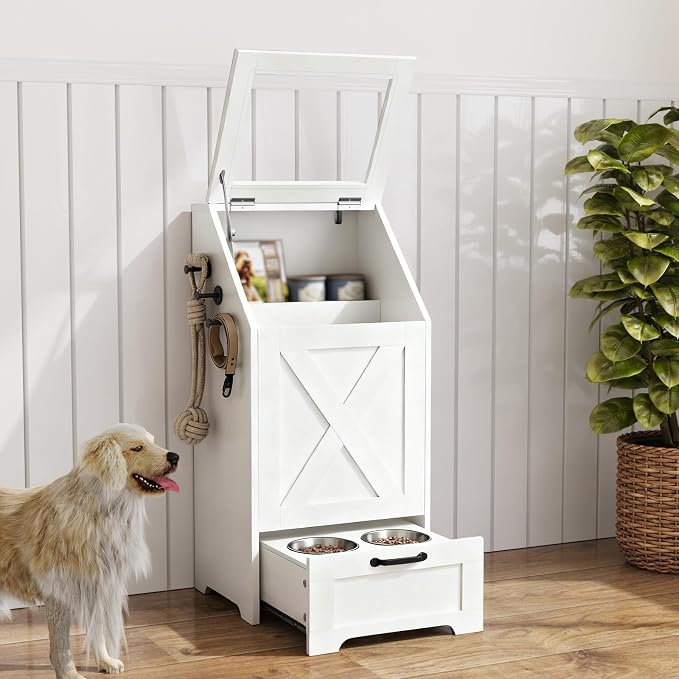 Dog Feeding Station with 2 Elevated Bowls, Dog Food Storage Cabinet with Pet Toy Organizer and Flip Top Pet Feeding Station,Hidden Pet Feeder Station for Cats and Dogs(Dog Feeding Station-White)