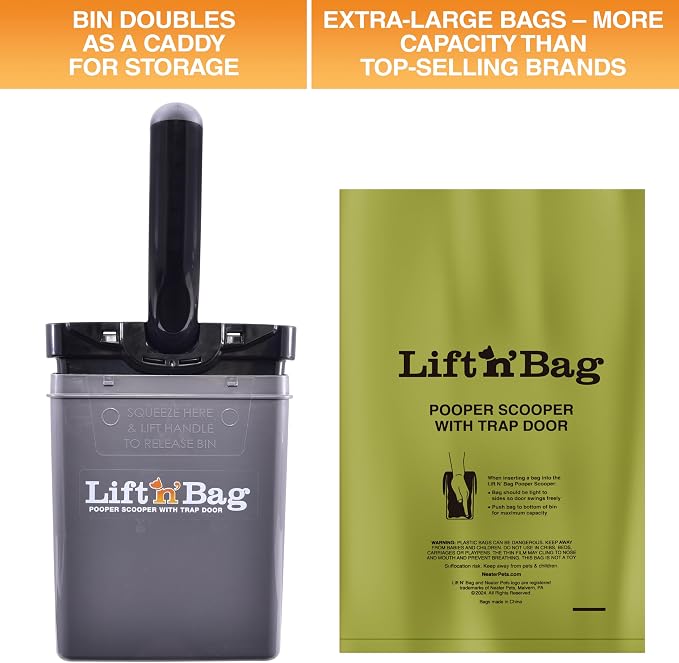 Neater Pet Brands Lift N’ Bag 2.0 Dog Pooper Scooper with Bag Attachment for Small to Large Dogs, New & Improved Design, 60 Refill Bags, Heavy Duty Dog Poop Scooper for Yard & Walks, One-Hand Use