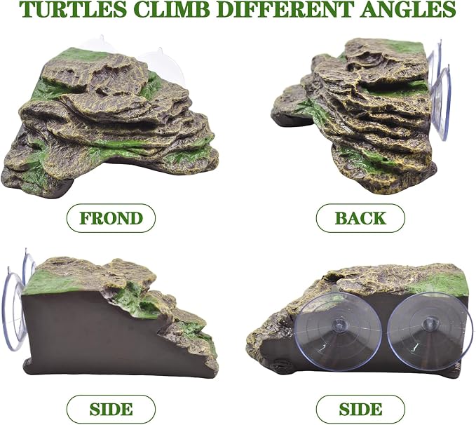 PINVNBY Resin Turtle Basking Platform with 2 Pcs Suction Cups,Floating Dock for Turtles,Tortoise Climbing Ramp Shale - Ideal for Aquatic Turtles,Stable & Durable,Easy to Install(Green Brown L)