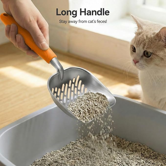 Cat Litter Scoop, Large Long Handle Kitty Metal Scooper | Heavy Duty Aluminum Deep Sifter, Ergonomic Non-Slip Grip, Rustproof Durable Poop Cleaner for Cat Litter Box