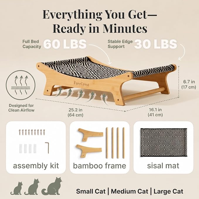 XL Sisal Cat Scratcher Bed with Elevated Hammock for Indoor Cats, Replaceable Natural Sisal Pad, Large Cat Lounge, Anti-Slip No-Wobble Bamboo Frame, Black & White Diamond.