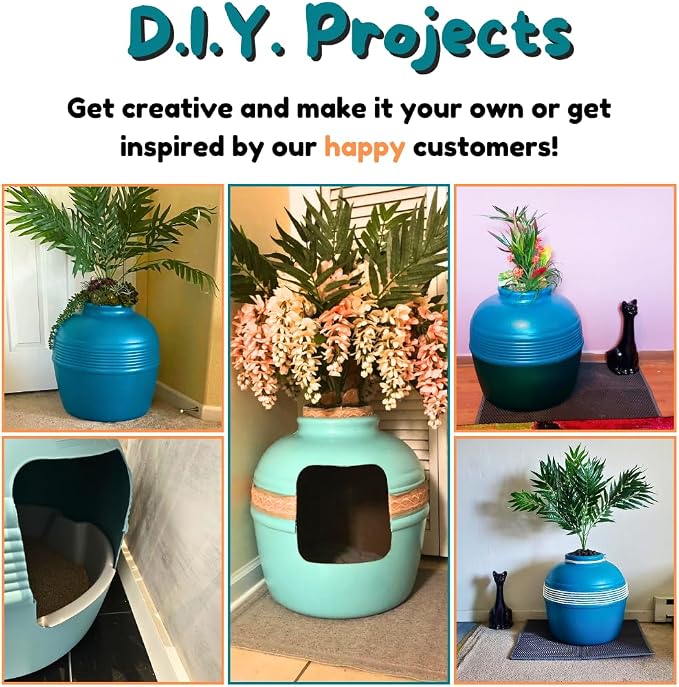 Good Pet Stuff Original Hidden Litter Box Planter, Decorative Cat Litter Enclosure with Carbon Filter, Artificial Palm Plant, Upgraded Design, Easy Clean Litter Tray, Essentials Kit, Caribbean Blue