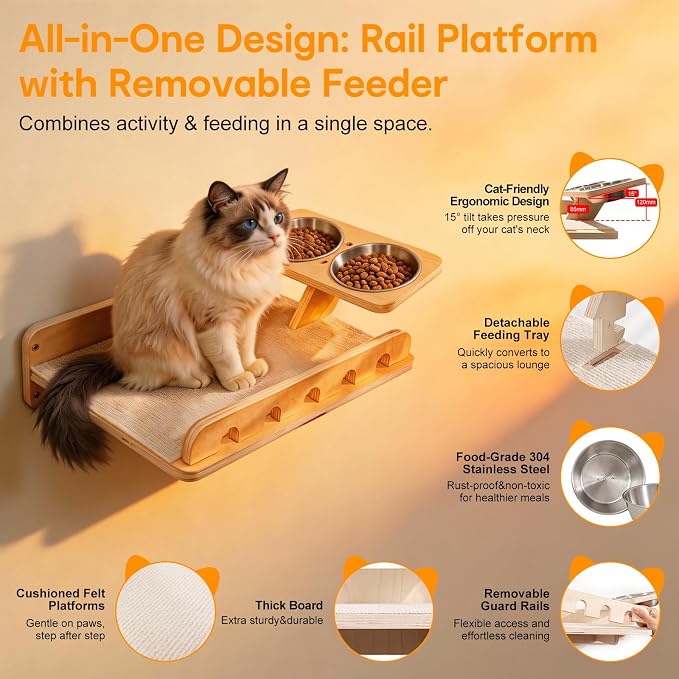 8-in-1 Cat Wall Shelves for Large Cats, Wall Mounted Cat Furniture with Feeding Station&Extra Wide Hammock, Heavy Duty Cat Climber for Indoor Cats to Sleep Play & Eat, 44lbs Capacity, Wood