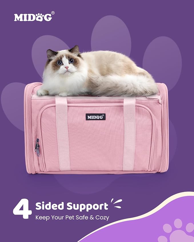 MIDOG Cat Carrier Soft for Small-Medium Cats Up to 15lbs, Airline Approved | Expandable Square Design,Comfort & Breathable Window,Equipped with anti-slip lock zippers and an internal safety leash