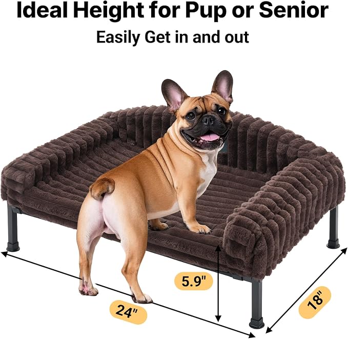 Veehoo Elevated Dog Bed with Bolster Cushion, Fluffy Plush Dog Couch Beds for Small Dogs, Cats, Washable Raised Pet Cot with Non-Slip Feet for Indoor or Patios Use, 24 x 18 Inches, Brown