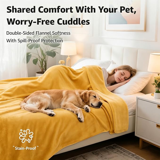 LOOBANI Waterproof Blanket for Bed, Flannel Queen Size 80"x90", Yellow | Double-Side Leak-Proof, Reversible, Stain-Proof Cover for Sofa Bed Protection, Ideal for Rest Movie Time, Camping, Travel