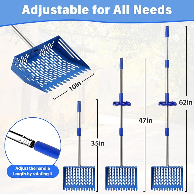 Linidcoud Chicken Poop Scooper, 10 Inch Metal Long Handle Chicken Coop Sand Pooper Scooper & Rake Adjustable Length, Durable Dog Pooper Scooper for Yard Farm Coop Accessories(Blue)