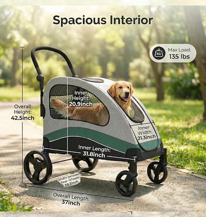 Garvee Extra Large Dog Stroller with Steel Pipe Frame, Wheels, Brakes, Shock Absorption, Foldable Design - Green