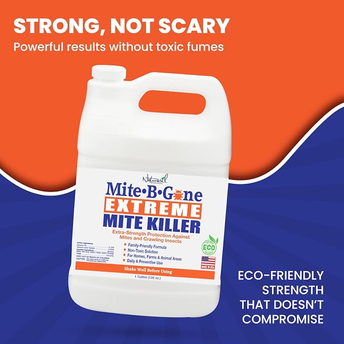 Mite-B-Gone Extreme Mite Killer Spray – 1 Gallon (128 oz) | Extra-Strength Plant-Based Formula | Safe for Homes, Pets & Livestock Areas | for Coops, Barns, Bedding & Carpets