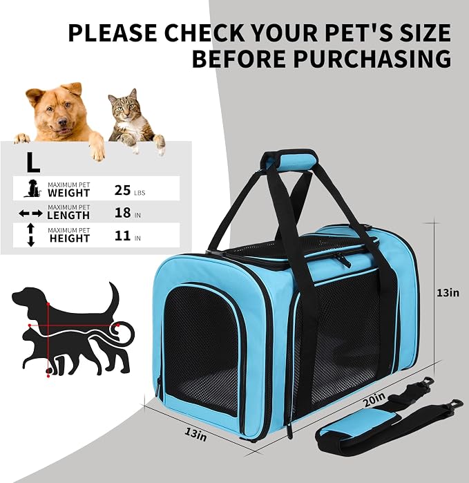 Carriers Soft-Sided Pet Carrier Large Carrier for Medium Large Cats Dogs Under 35Lbs,Breathable Ventilated Design,Collapsible Roomy Carrier with Airline Approved(X-Large,Blue)