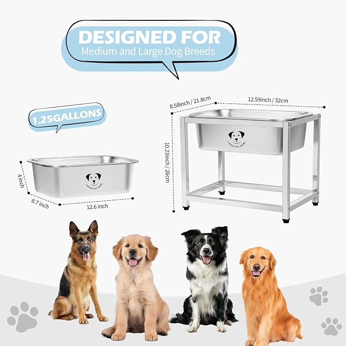 Elevated Dog Water Bowl, Stainless Steel Dog Bowl for Medium Large Dogs, Easy to Clean and Assemble for Outdoor Use 1.25 Gallons Bowl with Full Metal Stand Raised 10.23"