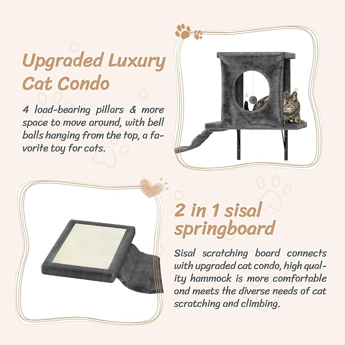 NUNU LAB 7-in-1 Cat Wall Shelves, Wall Mounted Cat Climber Set, Cat Furniture with House, Tunnel, Bridge, Steps, Scratcher, Hammock, Shelves for Indoor, Drak Grey