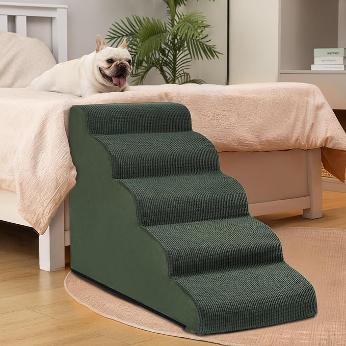 Aodisman Dog Stairs for High Bed,5-Step Pet Ramp for Small Dogs and Cats | 22.2" H Dog Steps for Bed with High-Density Foam, Help Olders,Short-Legged Dogs,Puppy and Cats Get on Beds Easily,Grey,Green