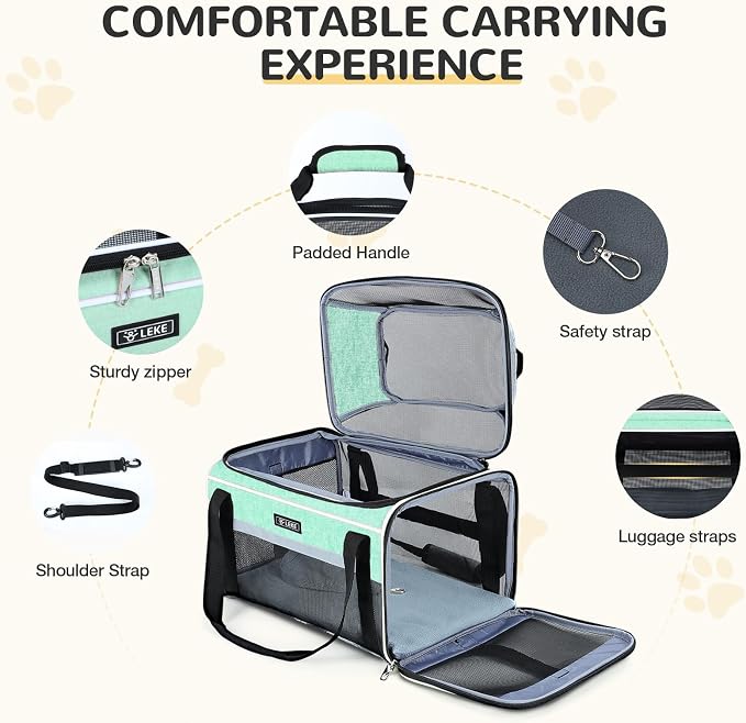 Lekereise Top-Expandable Pet Carrier 17x11x9.5 Inch Alaska Hawaiian Airline Approved Soft Sided Underseat to 12lbs Travel Carriers for Small Dogs and Cats with Locking Safety Zippers Anti-Scratch Mesh
