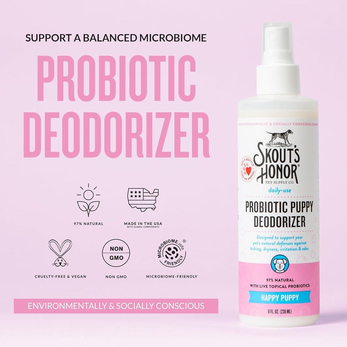 SKOUT'S HONOR Pet Deodorizer Spray- Hydrating Daily-Use with Avocado Oil & Omega-3s, Microbiome Friendly Certiified, Paraben & Sulfate-Free, 97% Natural, 8oz, Happy Puppy, 2-Pack