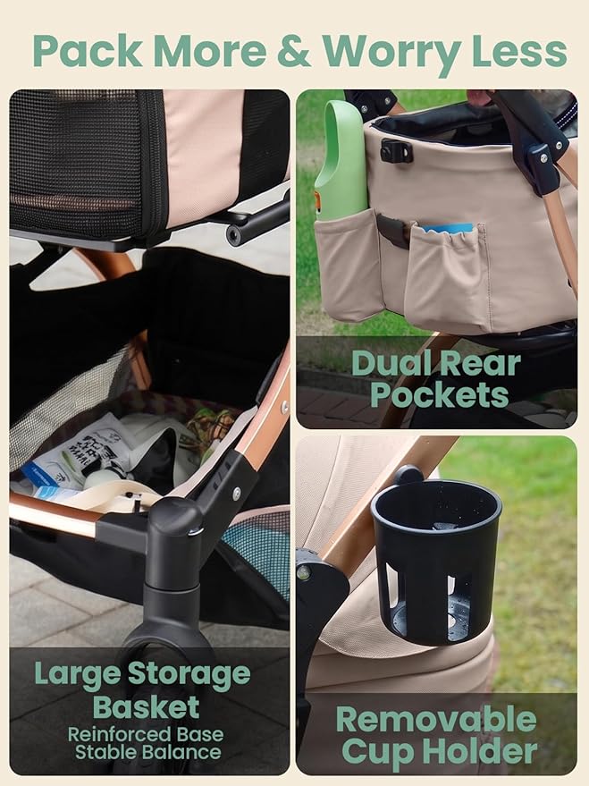Small Dog Stroller, 5-in-1 Foldable Pet Stroller for Small Dogs Cats 10-20 lbs - 1-Click Fold Without Detaching Carrier, Removable Waterproof Carrier, All Terrain 4 Wheels for Outdoor Travel, Khaki