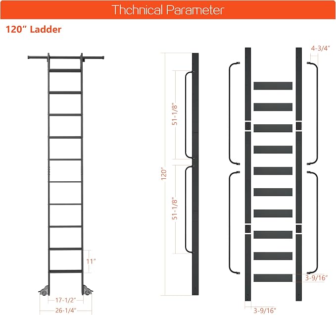 DIYHD 120" Rolling Library Ladder with Handrail, 4FT Sliding Rail, Black | 10-Step lightweight ladder with space-saving upright storage, Telescopic top hooks, Locking bottom rollers, 300lbs capacity