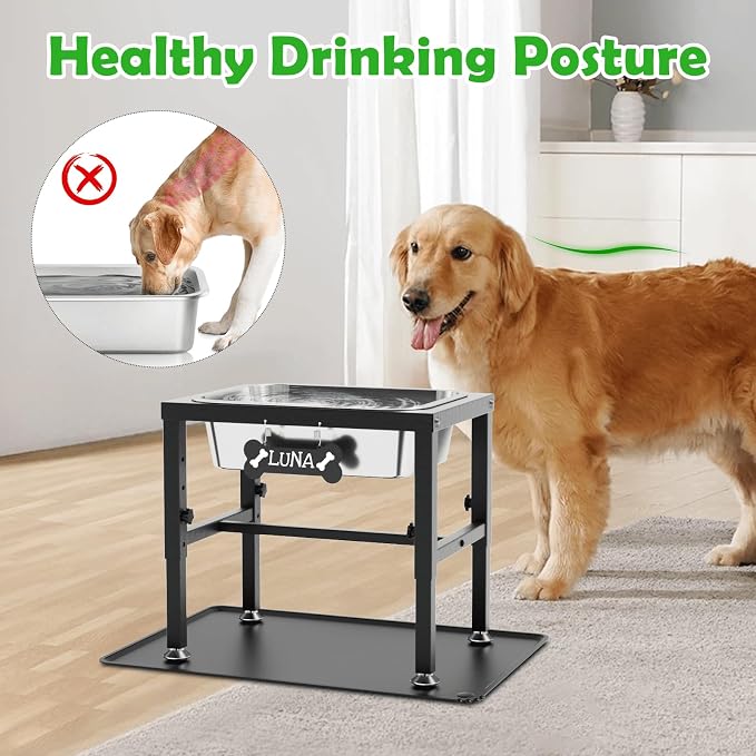 2 Gallon Elevated Dog Water Bowl for Large Dogs with Spill-Proof Mat, 4-Height Adjustable Raised Dog Water Bowl Stand (9.4-14.2'') with Stainless Steel Bowls for Indoor/Outdoor