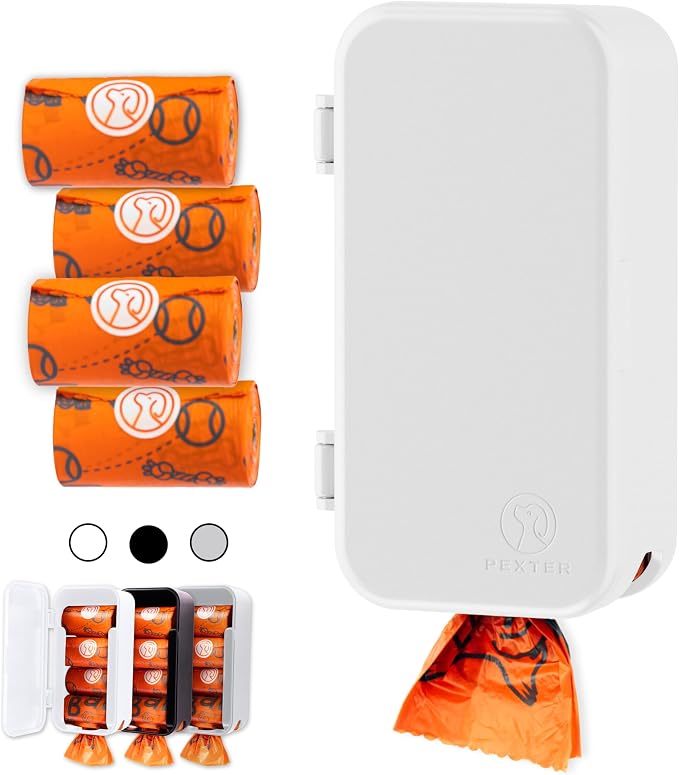 PEXTER Dog Poop Bag Dispenser - Outdoor or Indoor Pet Waste Bag Dispenser Station - Stick-On or Screw-On Wall Mount - Poop Bags Storage Outdoor Container - Includes 4 Doggie Bag Rolls (White)