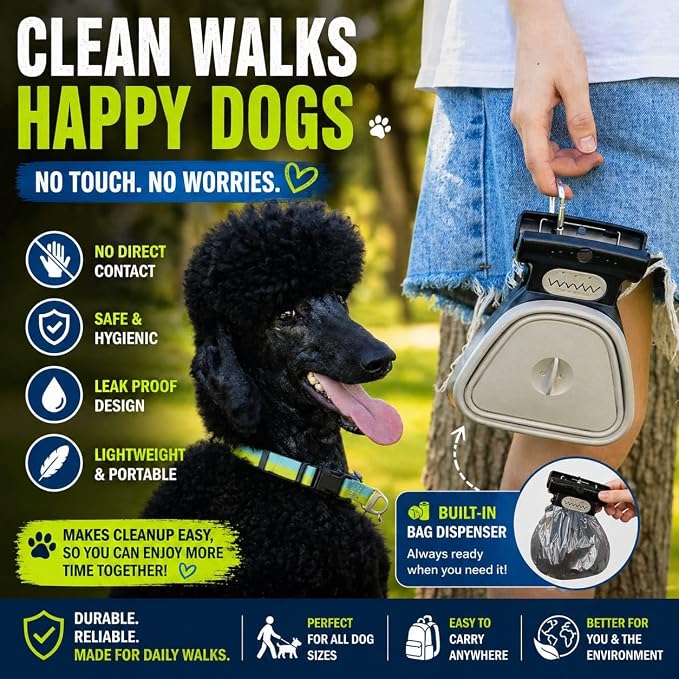 Dog Pooper Scooper with Waste Bag Dispenser – Large Size, Portable, Lightweight, One-Hand Operation, Leak-Proof, Durable Pet Waste Scooper (Grey)