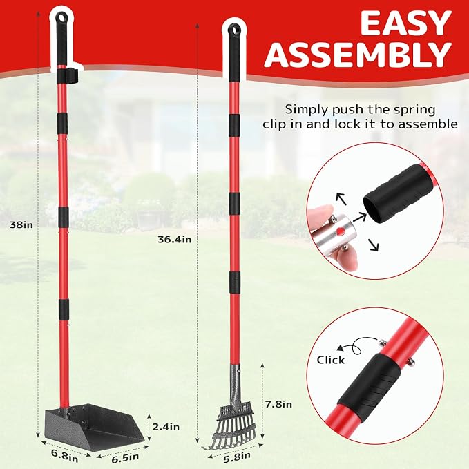 Pooper Scooper for Dogs, Sturdy Stainless Steel Dog Poop Scooper for Large Medium Small Dogs, Detachable Metal Rake & Tray Set for Yard, Grass, Dirt or Gravel (Red)