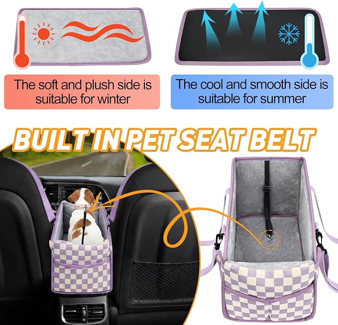 Console Dog Car Seat for Small Dogs, Foldable Booster Seat,Purple Checkered | Portable Booster Seat Sits On Car Console/ Armrest. Foldable for Easy Storage. for Center Console, Easy To Clean.