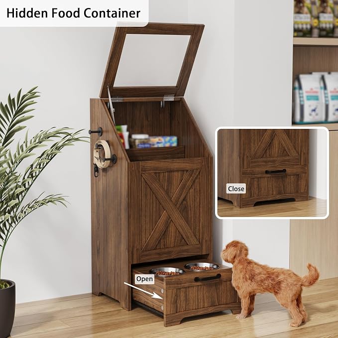 Walnut Dog Feeding Station with Storage & Bowls | Pet food cabinet, 2 elevated bowls, 3 hooks, glass flip cover, anti-tipping device, for dogs.