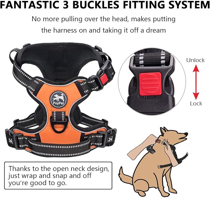 PoyPet No Pull Dog Harness Small with Front Clip & Neck Release Buckle | No Choke, Adjustable Vest, Reflective, Back Clip, Lockable, Soft Padded, Easy Control Handle for Walking Training, XS, Orange