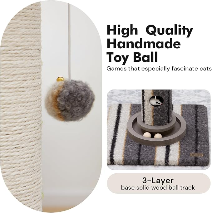 Woochpet Cat Scratching Post 34 Inch Tall Heavy Duty Sisal Scratcher with Interactive Track Mouse Toy Condo Top Jingle Balls for Indoor Kittens,Grey