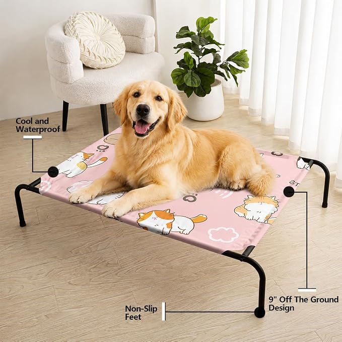 Kawaii Cat Pattern Orthopedic Elevated Dog Pet Bed(47"X31"X9"),with Metal Frame,Printing Breathable Waterproof Dog Kennel,Sleeping Bed Set for Small Medium Large Dogs Cats,for Home,Outdoor Use