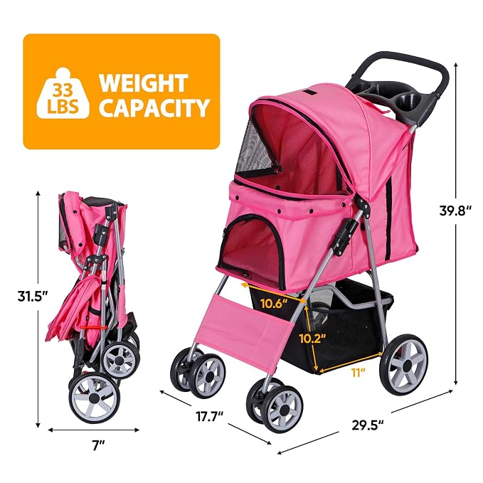 4 Wheels Dog Stroller Folding Pet Strolling Cart for Small Medium Cats Puppies Portable Jogger Travel Camping Puppy Carrier with Storage Basket Cup Holder, Pink